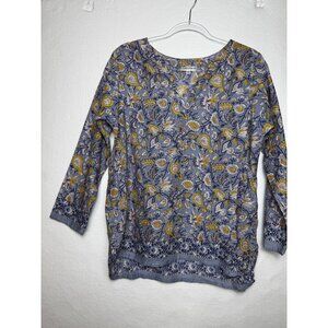 Floral Natura Womens 100% Cotton Blouse‎ Medium Blue/Yellow Boho Hippie top cute
